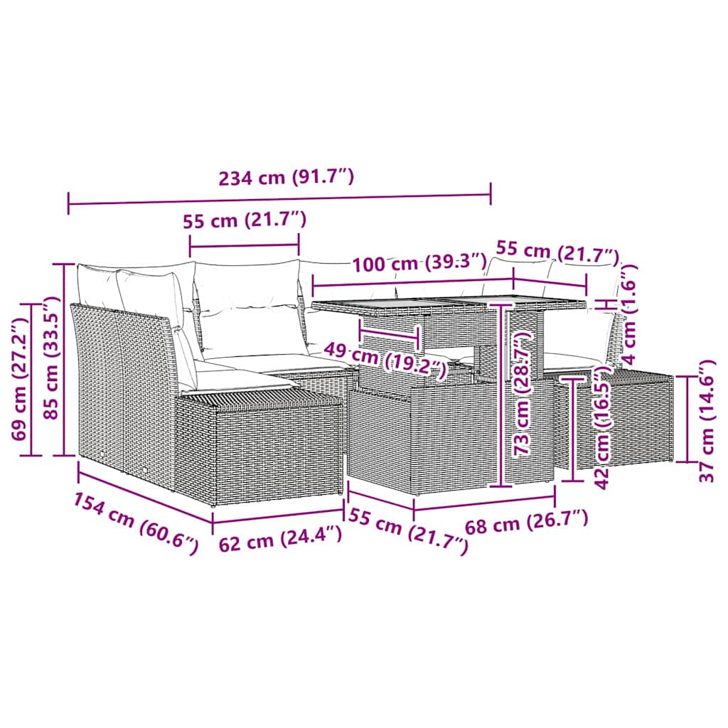 Garten Essgruppe mit Kissen 7 pcs Grau und Braun