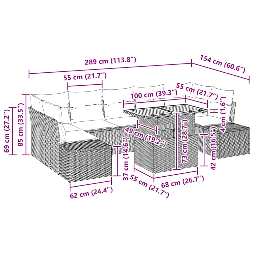 Garten Essgruppe mit Kissen 8 pcs Schwarz und Creme