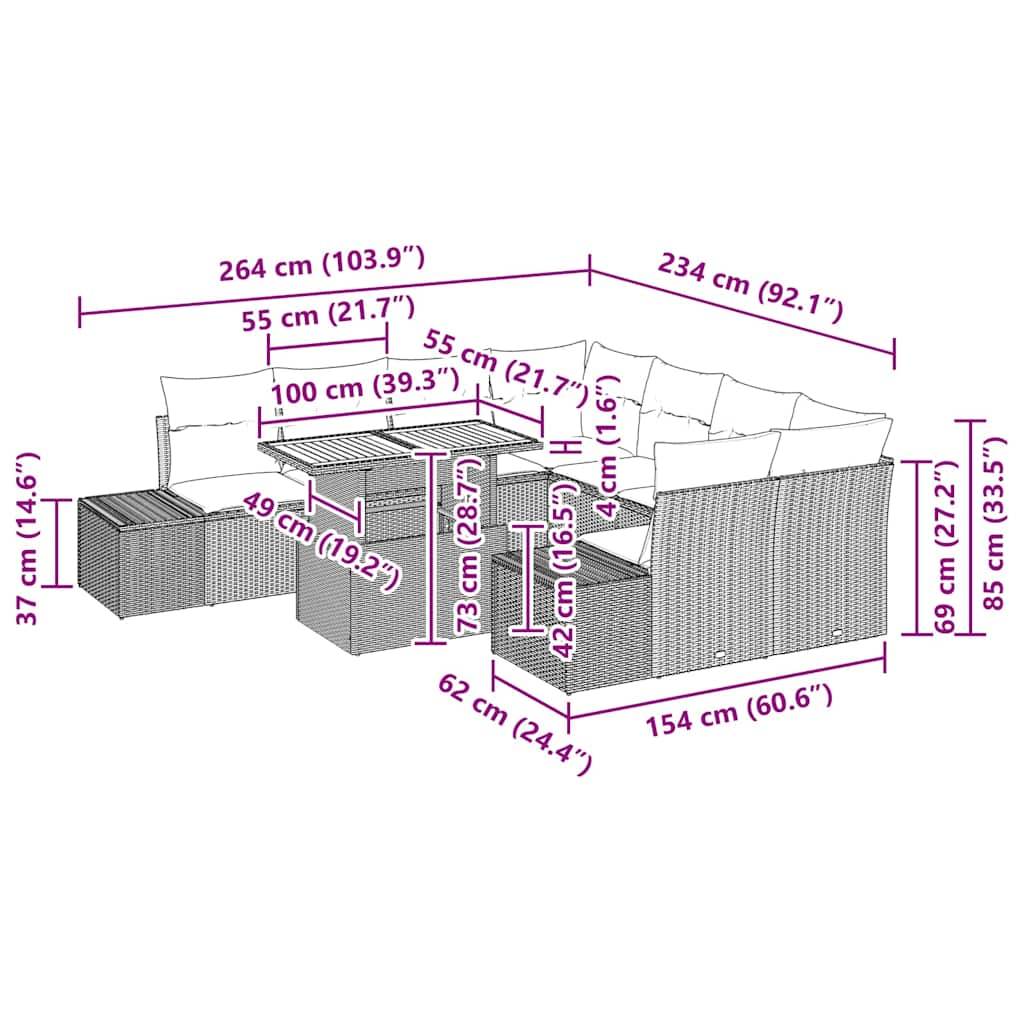 Garten Essgruppe mit Kissen 9 pcs Grau und Braun