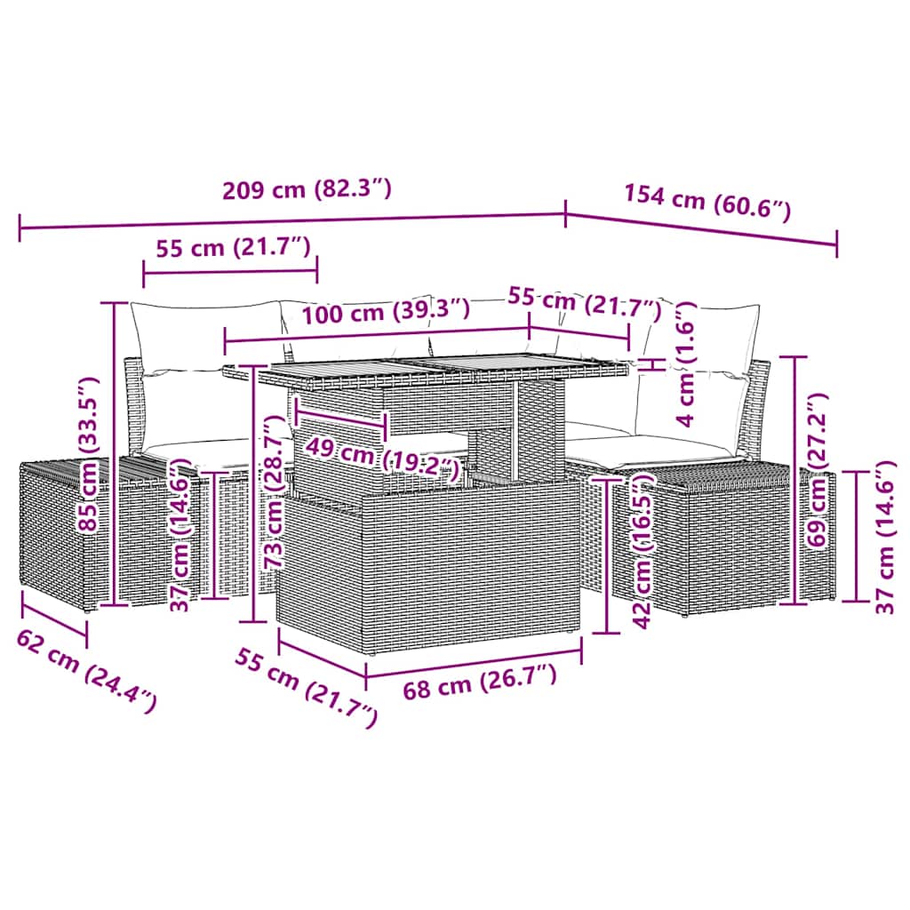 Garten-Sofa-Set mit Kissen mit Kissen 5 pcs Schwarz und Braun