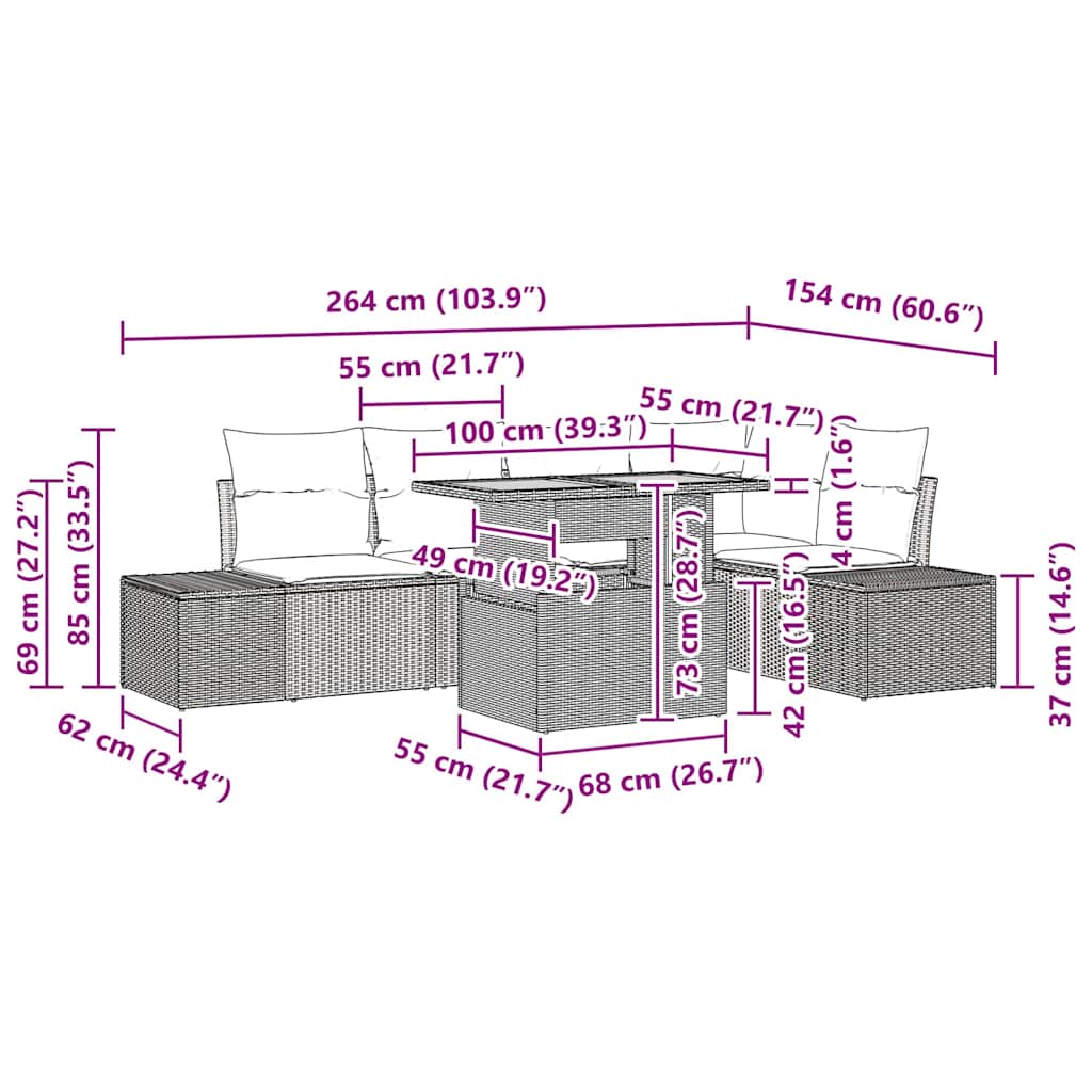 Garten Essgruppe mit Kissen 6 pcs Grau und Braun