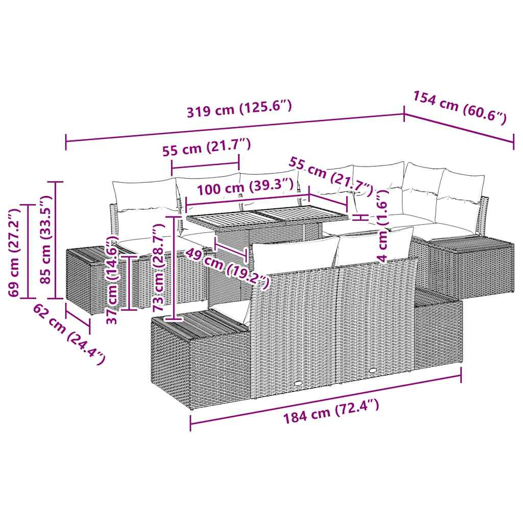 Garten Essgruppe mit Kissen 9 pcs Schwarz und Braun
