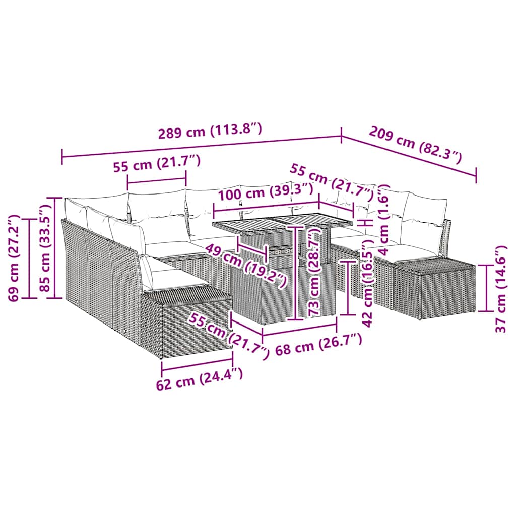 vidaXL Garten Essgruppe mit Kissen 10 pcs Schwarz und Braun