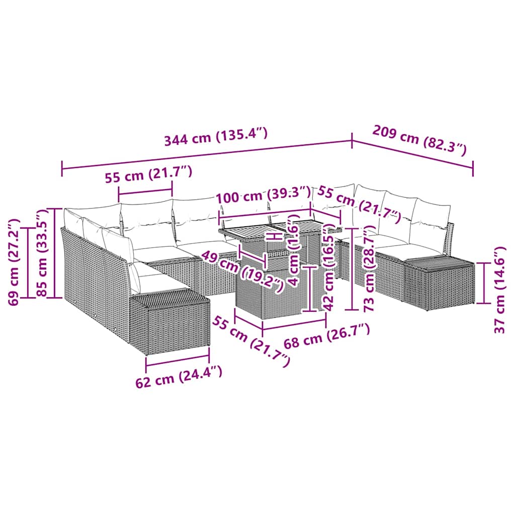vidaXL Garten-Sofa-Set mit Kissen mit Kissen 11 pcs Beige und Grau