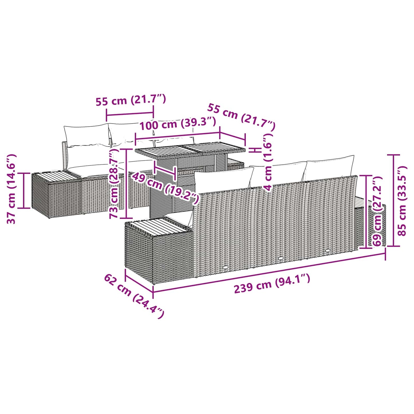 vidaXL Garten Essgruppe mit Kissen 7 pcs Schwarz und Braun