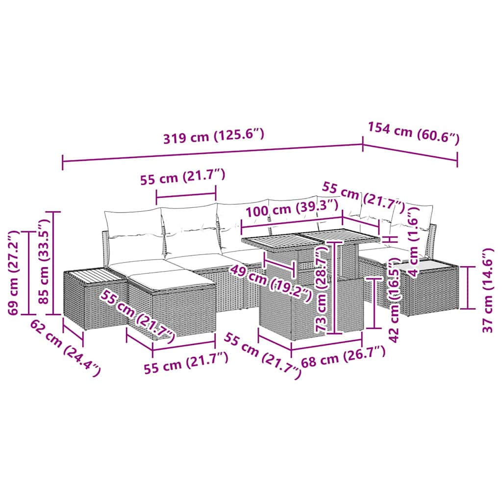 Garten Essgruppe mit Kissen 8 pcs Beige und Grau