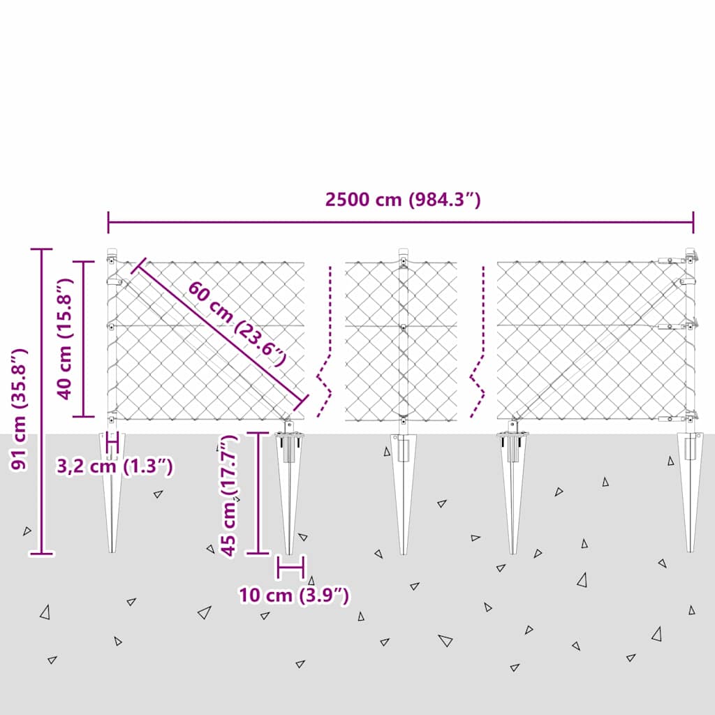 vidaXL Zaunpfosten Silber 25 x 0,4 m (60 x 60 mm Maschen) Stahl