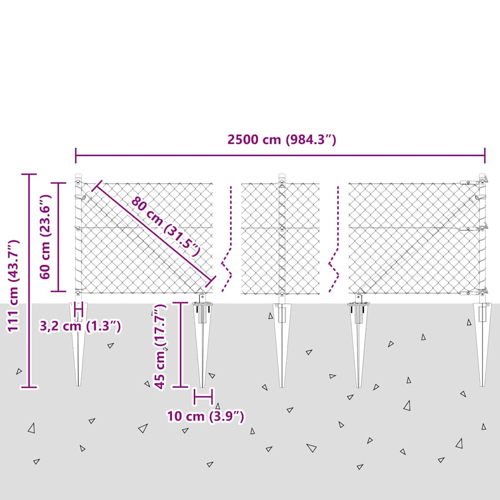 vidaXL Zaunpfosten Silber 25 x 0,6 m (60 x 60 mm Maschen) Stahl