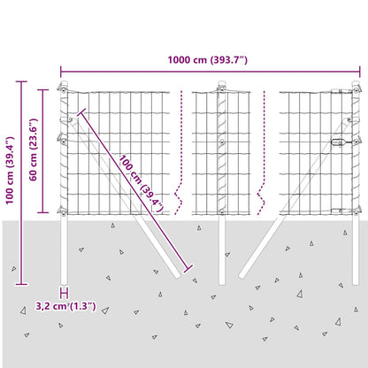 vidaXL Zaun mit Pfosten Grau 0,6 x 10 m Stahl und PVC