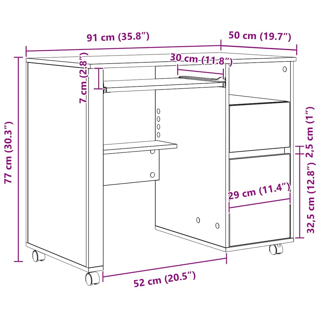 vidaXL Tisch mit Rädern mit Regal Geräucherte Eiche 91 x 50 x 77 cm
