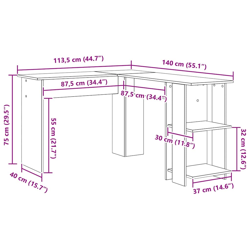 vidaXL Eck-Schreibtisch Beton Grau 140 x 113,5 x 75 cm Holzwerkstoff