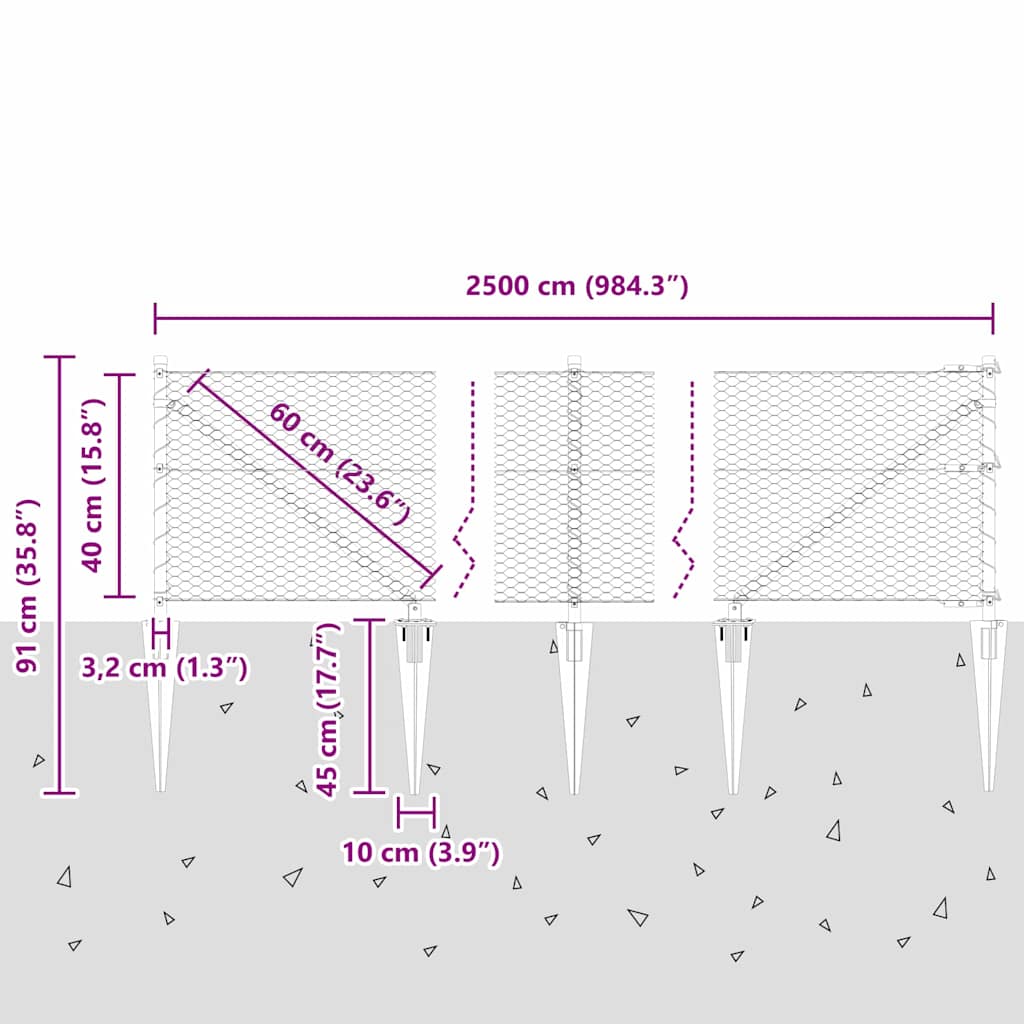 vidaXL Zaunpfosten Grau 25 x 0,4 m (25 mm Masche) Stahl und PVC