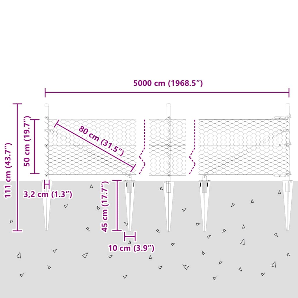 vidaXL Zaunpfosten Grau 50 x 0,5 m (36 mm Netz) Stahl und PVC