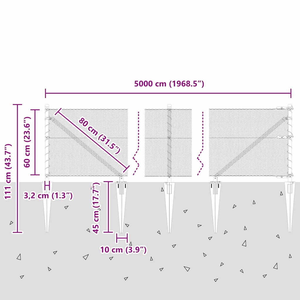 vidaXL Zaunpfosten Grau 50 x 0,6 m (13 mm Maschenweite) Stahl und PVC