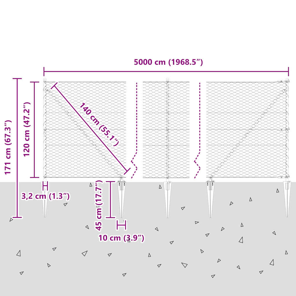 vidaXL Zaunpfosten Grau 50 x 1,2 m (36 mm Maschenweite) Stahl und PVC