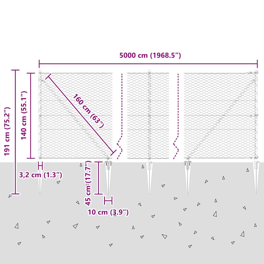 vidaXL Zaunpfosten Grau 50 x 1,4 m (36 mm Netz) Stahl und PVC