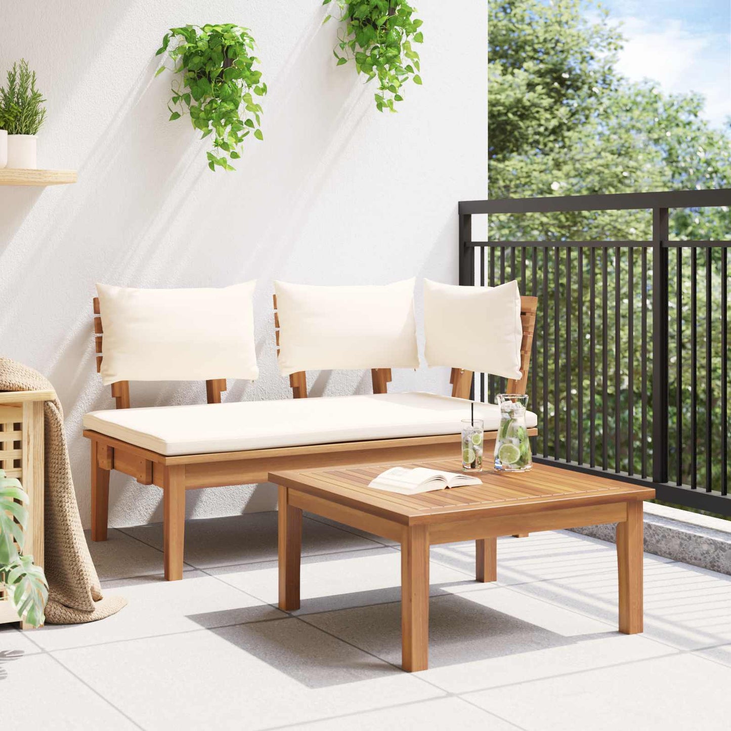 Gartenbank 2 pcs Creme und Braun Massivholz Teak