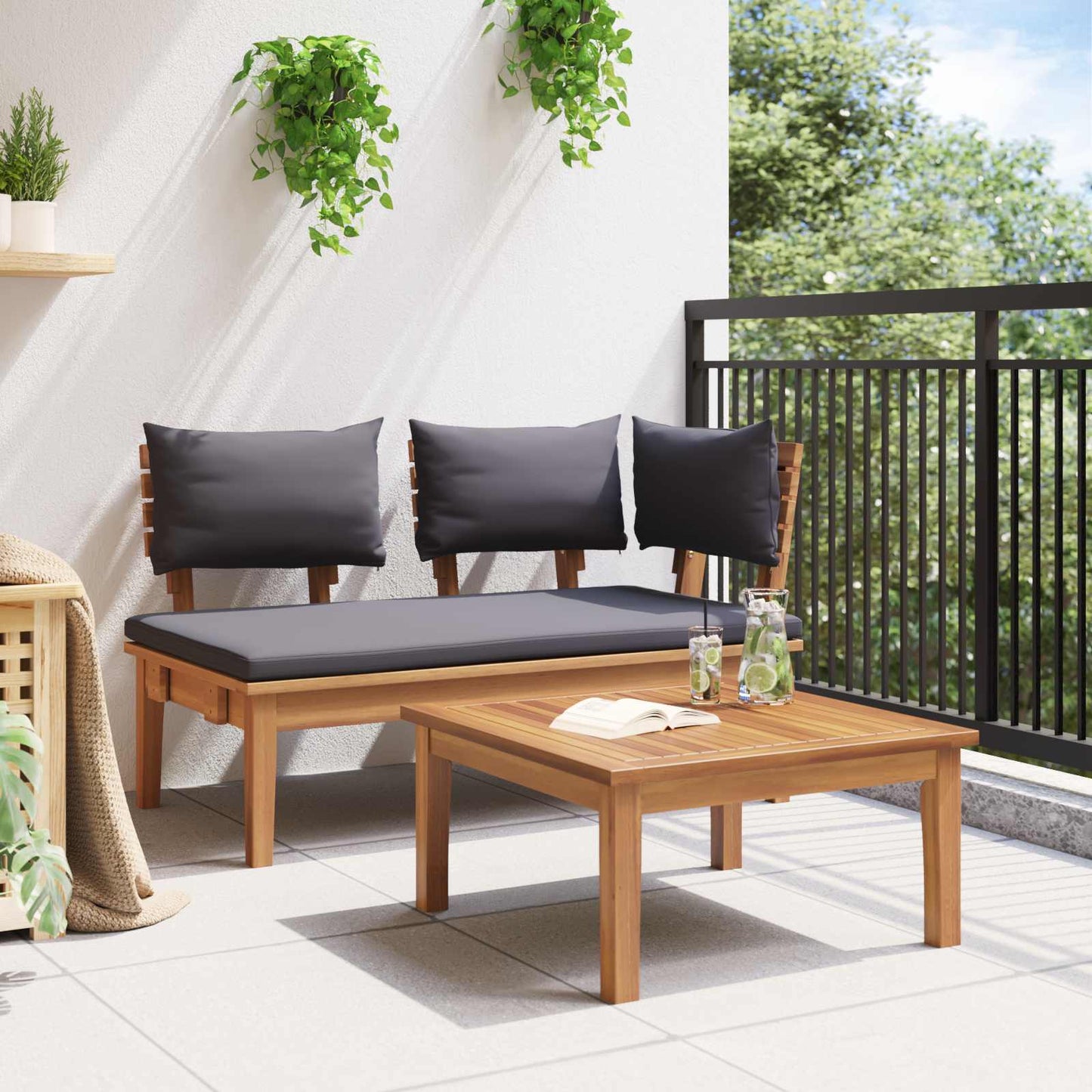 Gartenbank 2 pcs Grau und Braun Massivholz Teak
