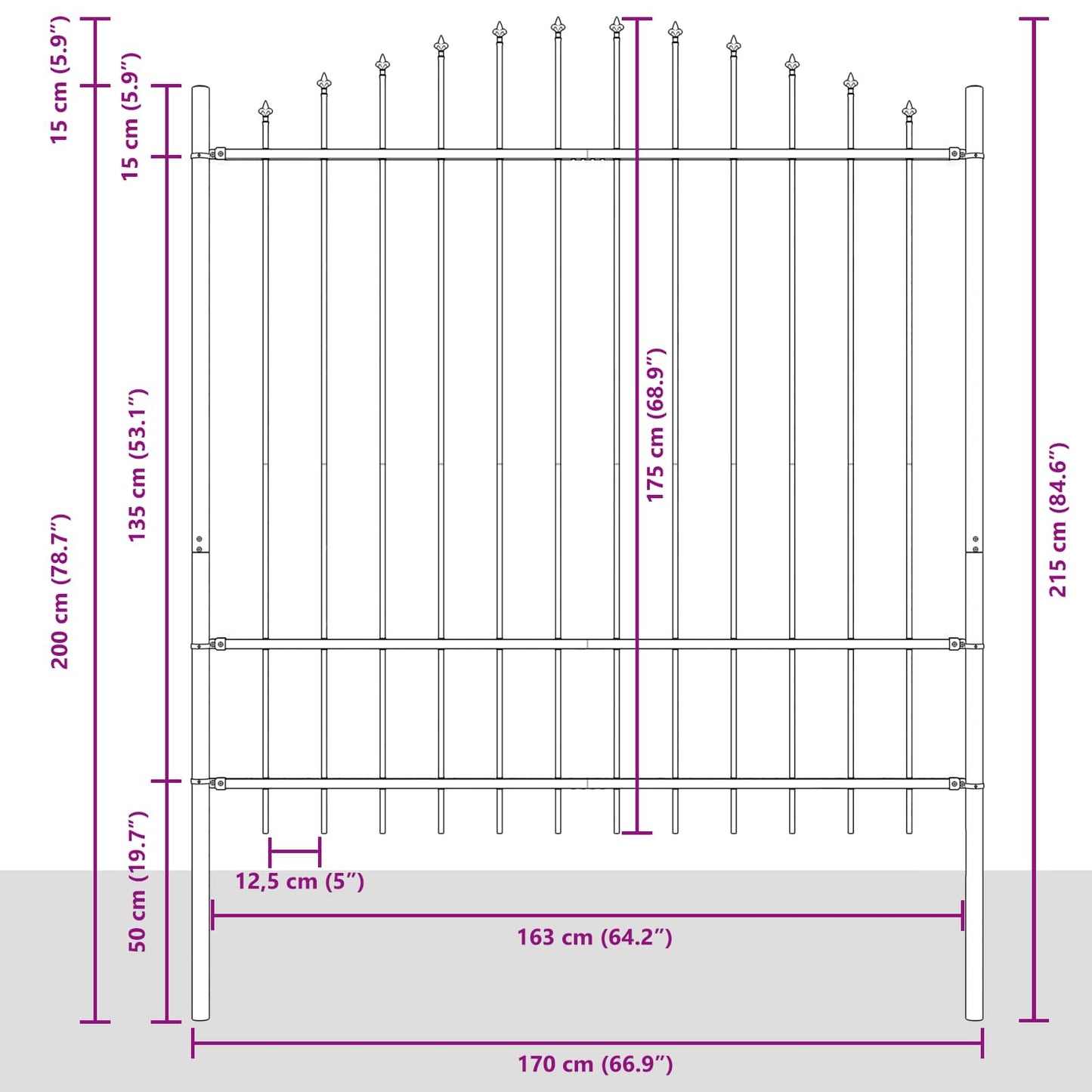 vidaXL Gartenzaun Grau 170 x 215 cm Pulverbeschichteter Stahl