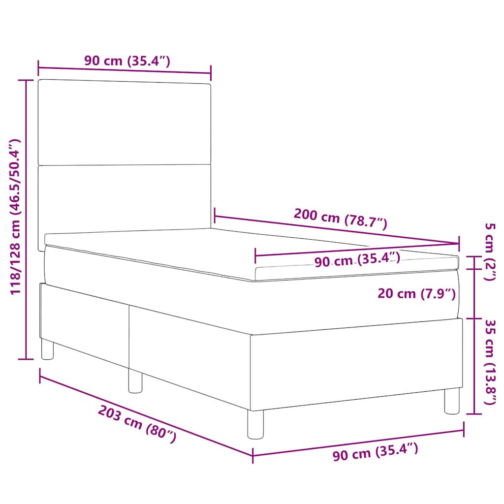 vidaXL Boxspringbett Hellgrau und Weiß 90 x 200 cm Cordstoff