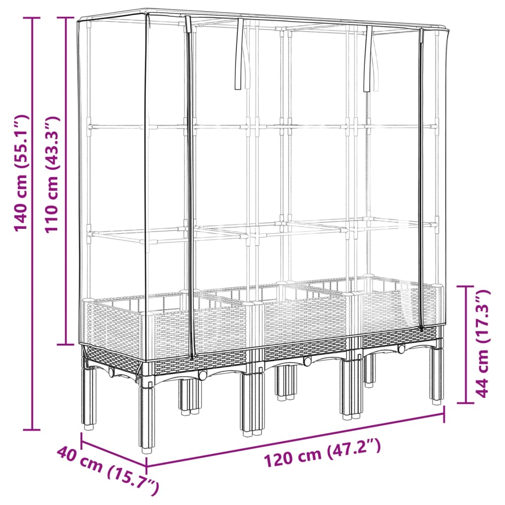 vidaXL Hochbeet mit Gewächshaus-Aufsatz Rattan-Optik 120x40x140 cm