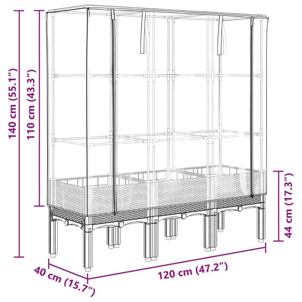 vidaXL Hochbeet mit Gewächshaus-Aufsatz Rattan-Optik 120x40x140 cm