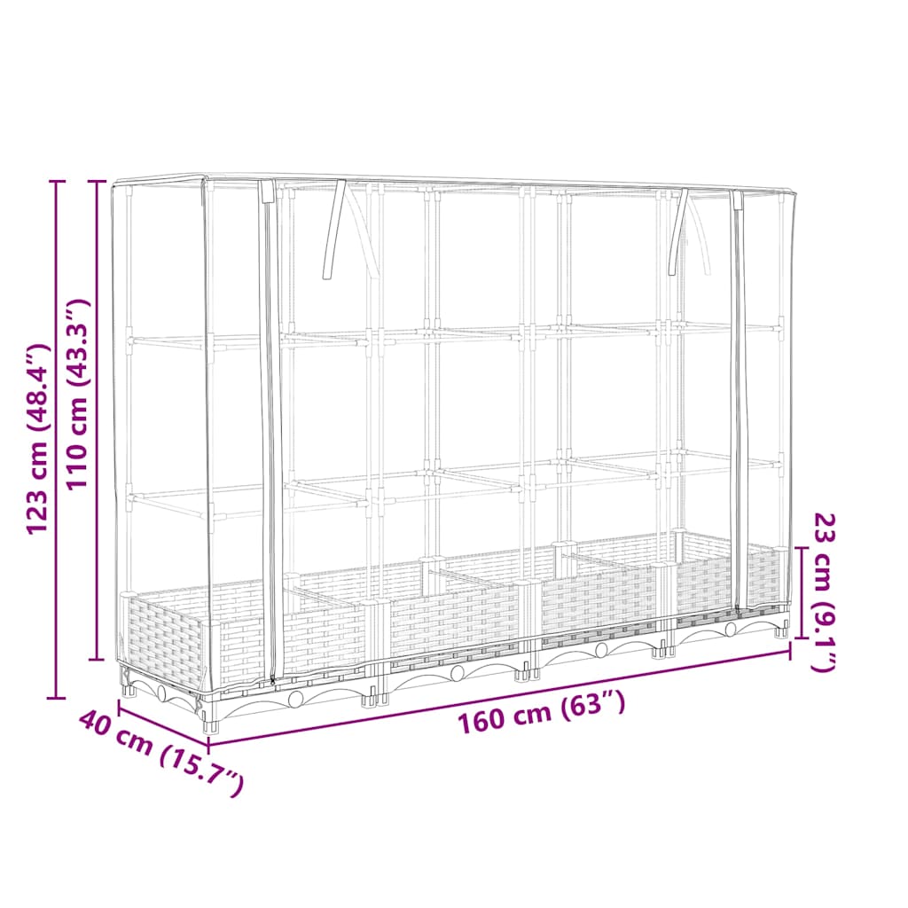 vidaXL Hochbeet mit Gewächshausabdeckung Rattanoptik 160x40x123 cm