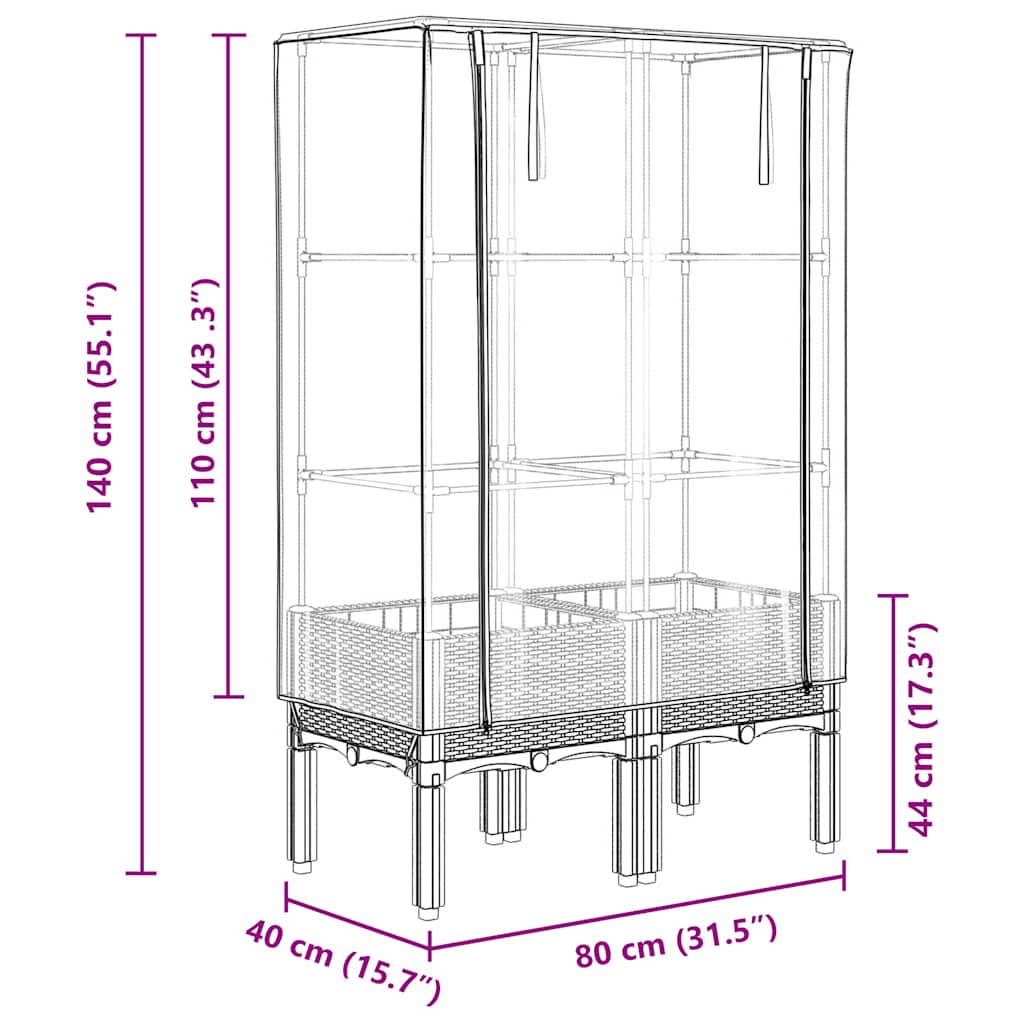 vidaXL Hochbeet mit Gewächshaus-Aufsatz Rattan-Optik 80x40x140 cm