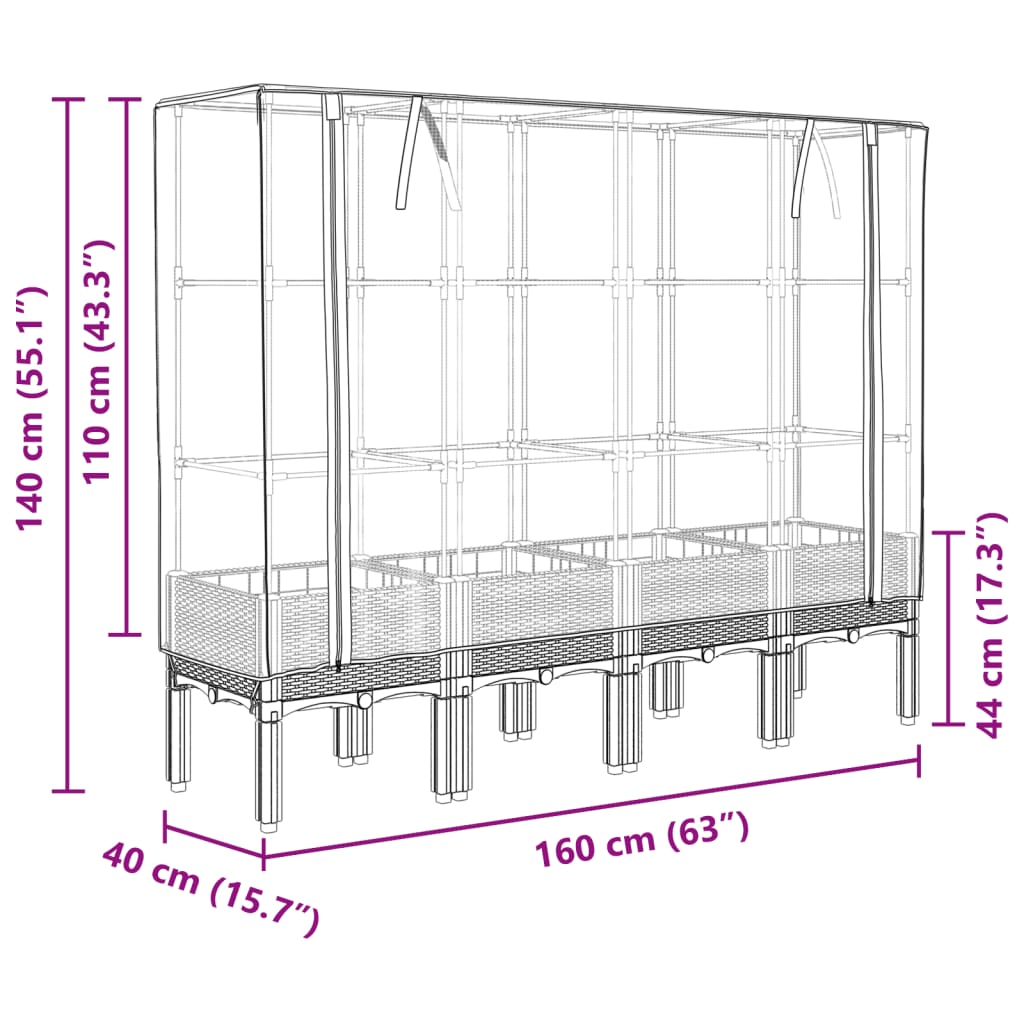 vidaXL Hochbeet mit Gewächshaus-Aufsatz Rattan-Optik 160x40x140 cm