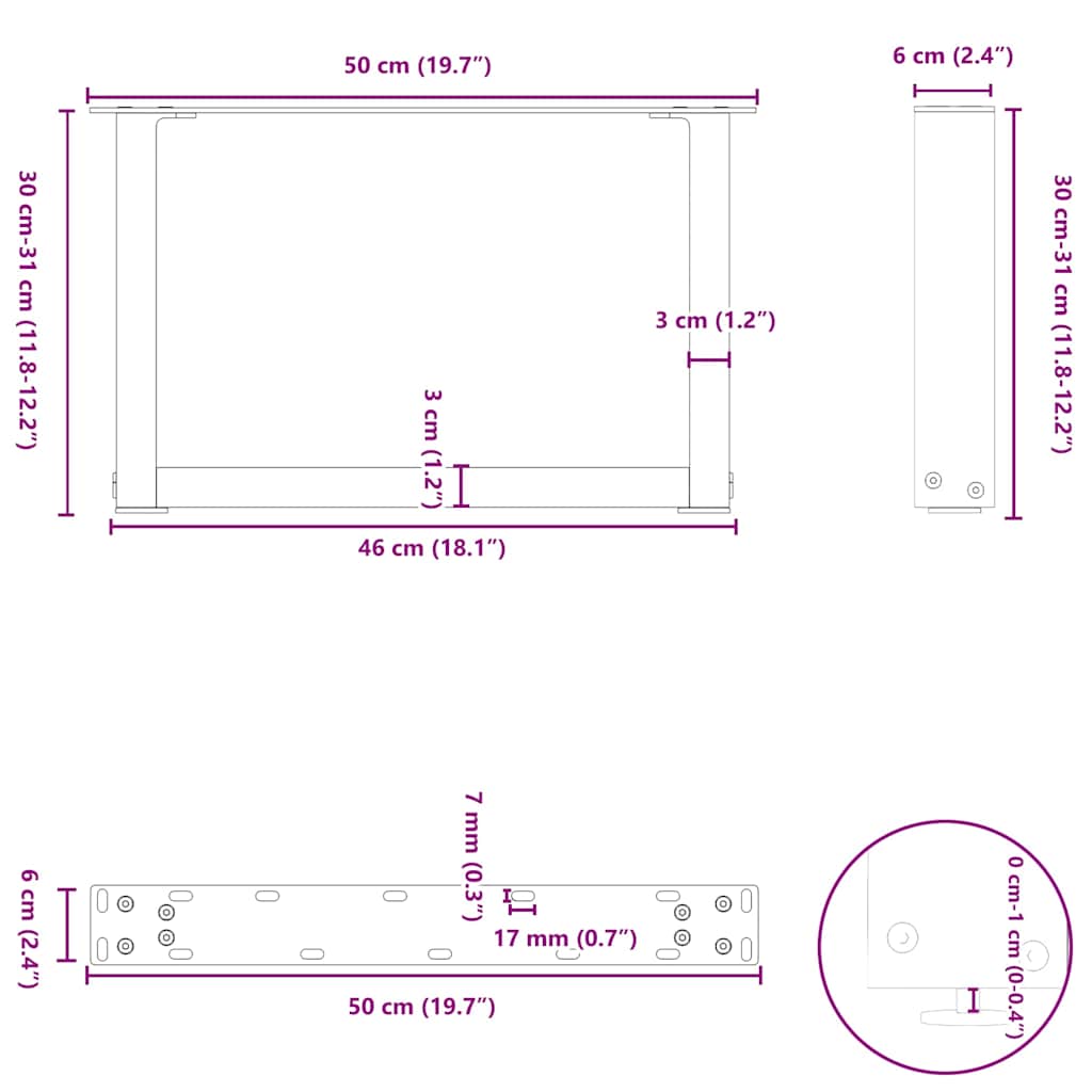 vidaXL Couchtischbeine U-Form 2 Stk. Schwarz 50x(30-31) cm Stahl
