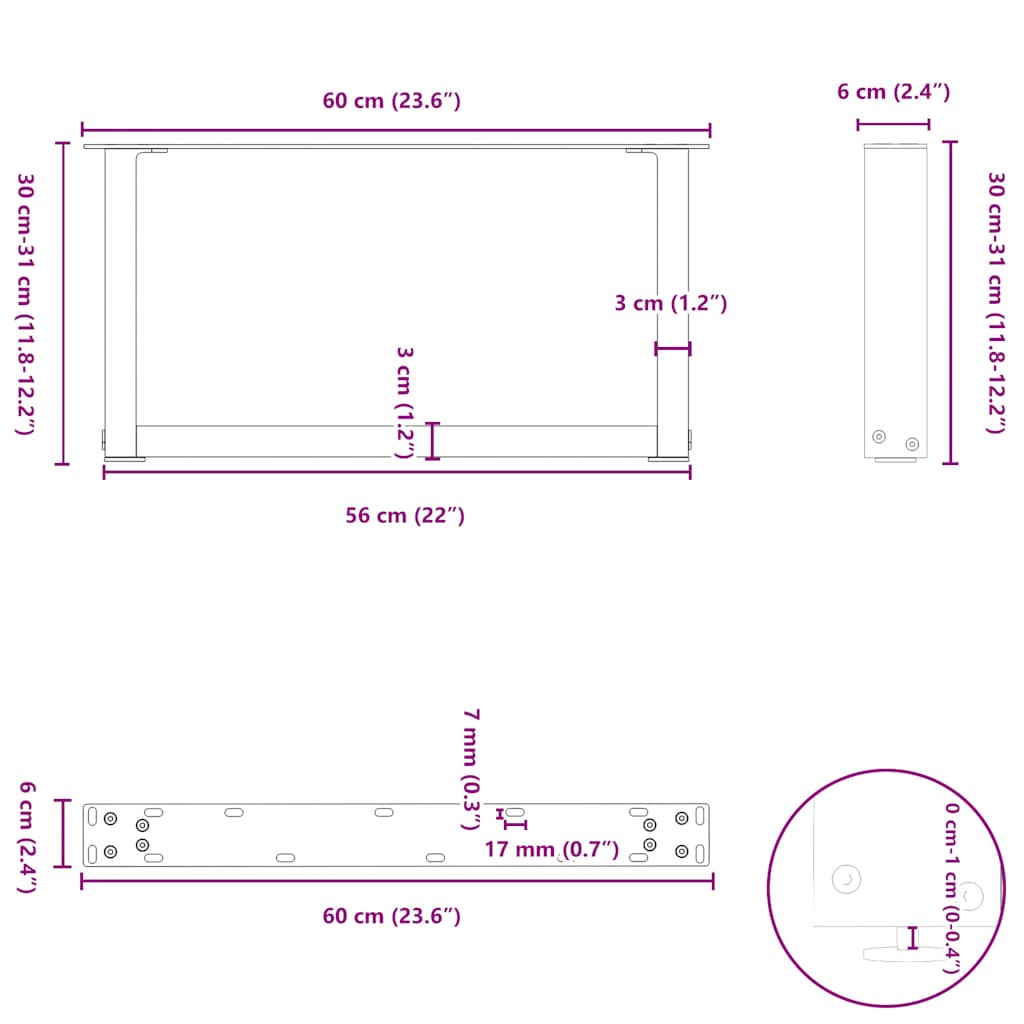 vidaXL Couchtischbeine U-Form 2 Stk. Schwarz 60x(30-31) cm Stahl