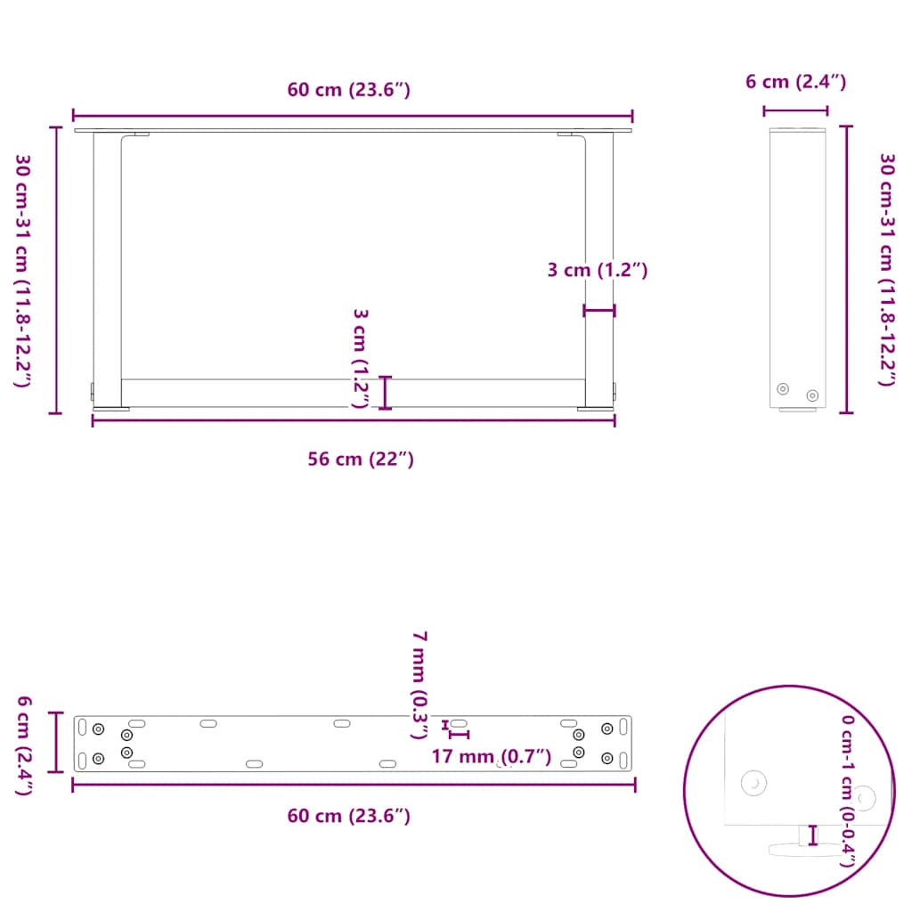 vidaXL Couchtischbeine U-Form 2 Stk. Naturstahl 60x(30-31) cm Stahl
