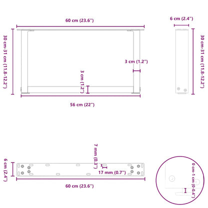 vidaXL Couchtischbeine U-Form 2 Stk. Naturstahl 60x(30-31) cm Stahl