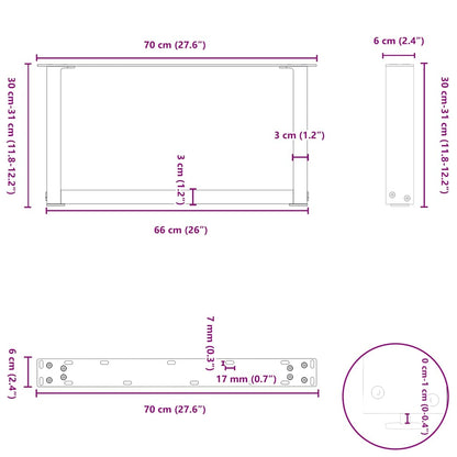 vidaXL Couchtischbeine U-Form 2 Stk. Weiß 70x(30-31) cm Stahl