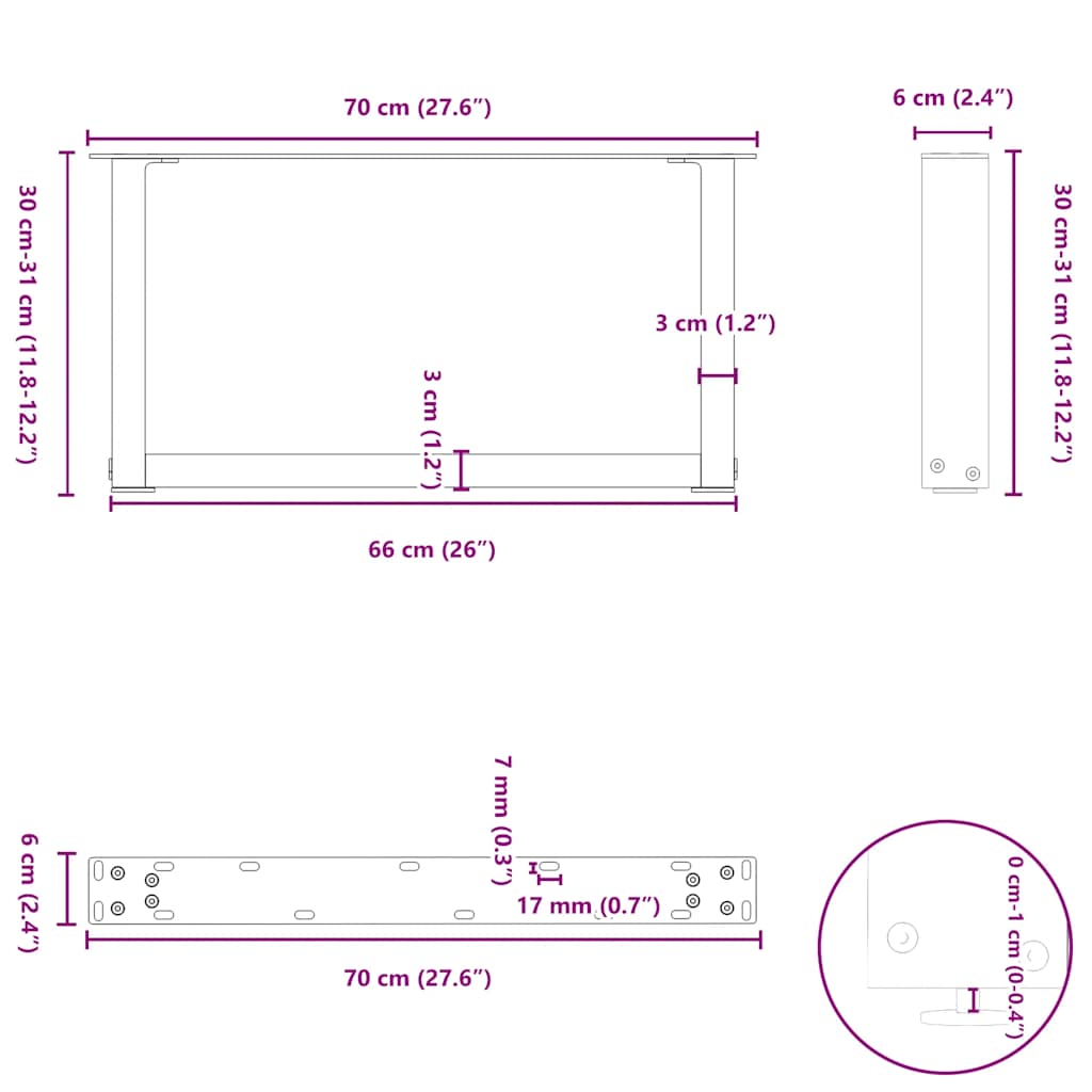 vidaXL Couchtischbeine U-Form 2 Stk. Naturstahl 70x(30-31) cm Stahl