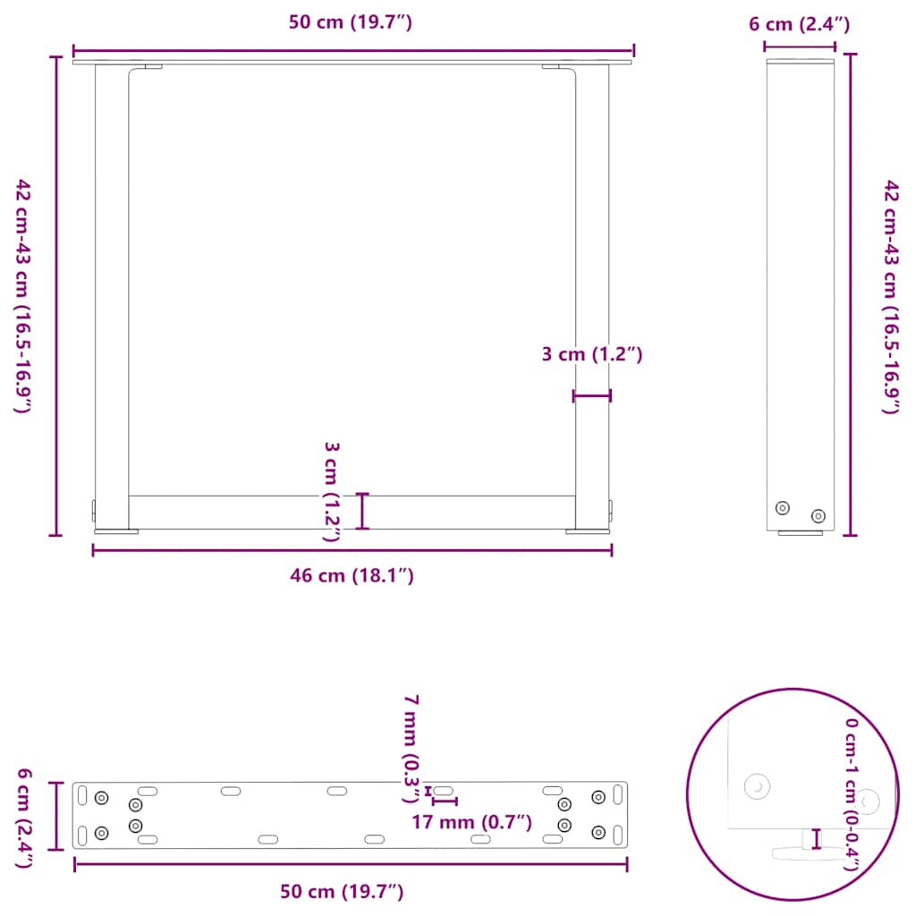 vidaXL Couchtischbeine U-Form 2 Stk. Naturstahl 50x(42-43) cm Stahl