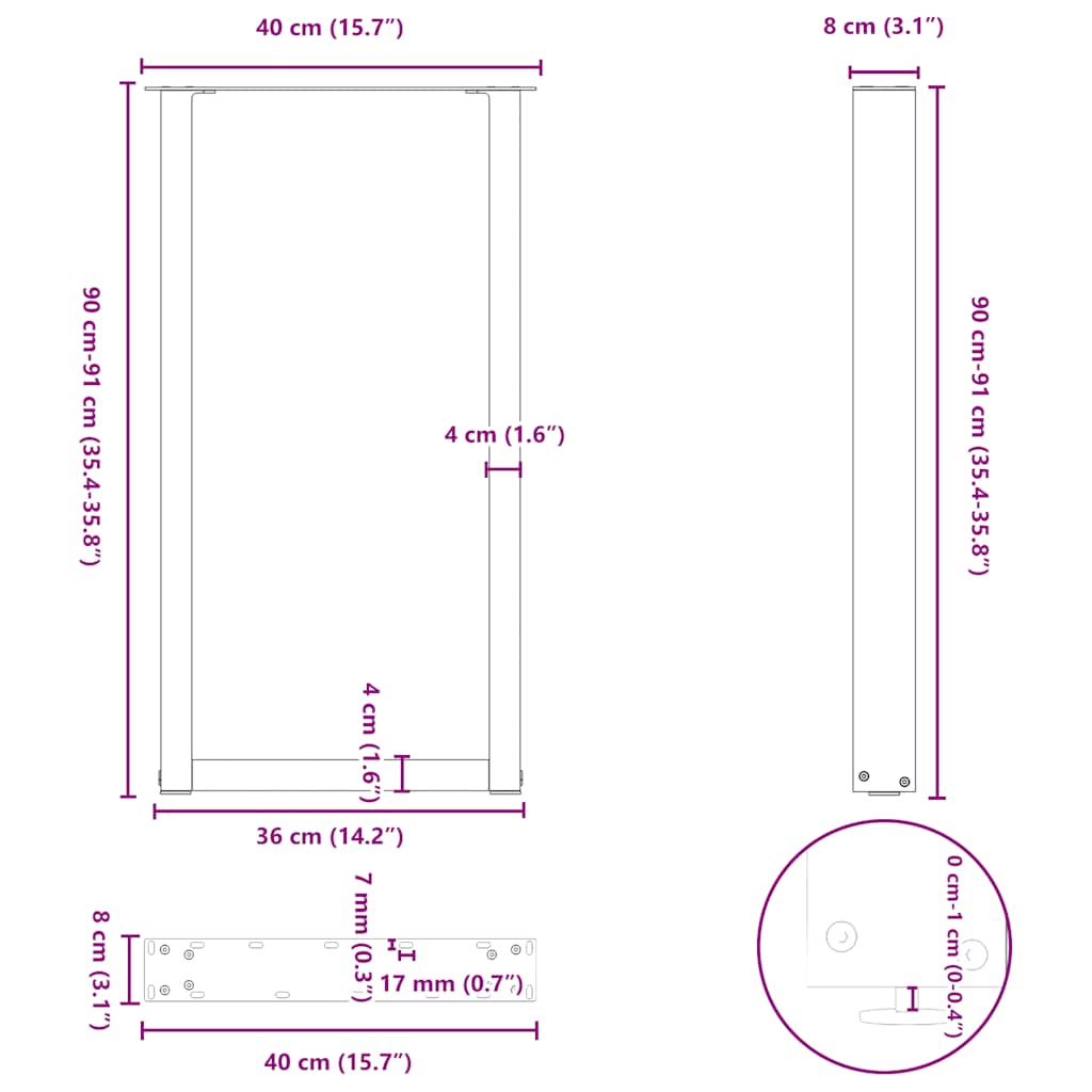 Bartischbeine U-Form 2 Stk. Naturstahl 40x(90-91) cm Stahl