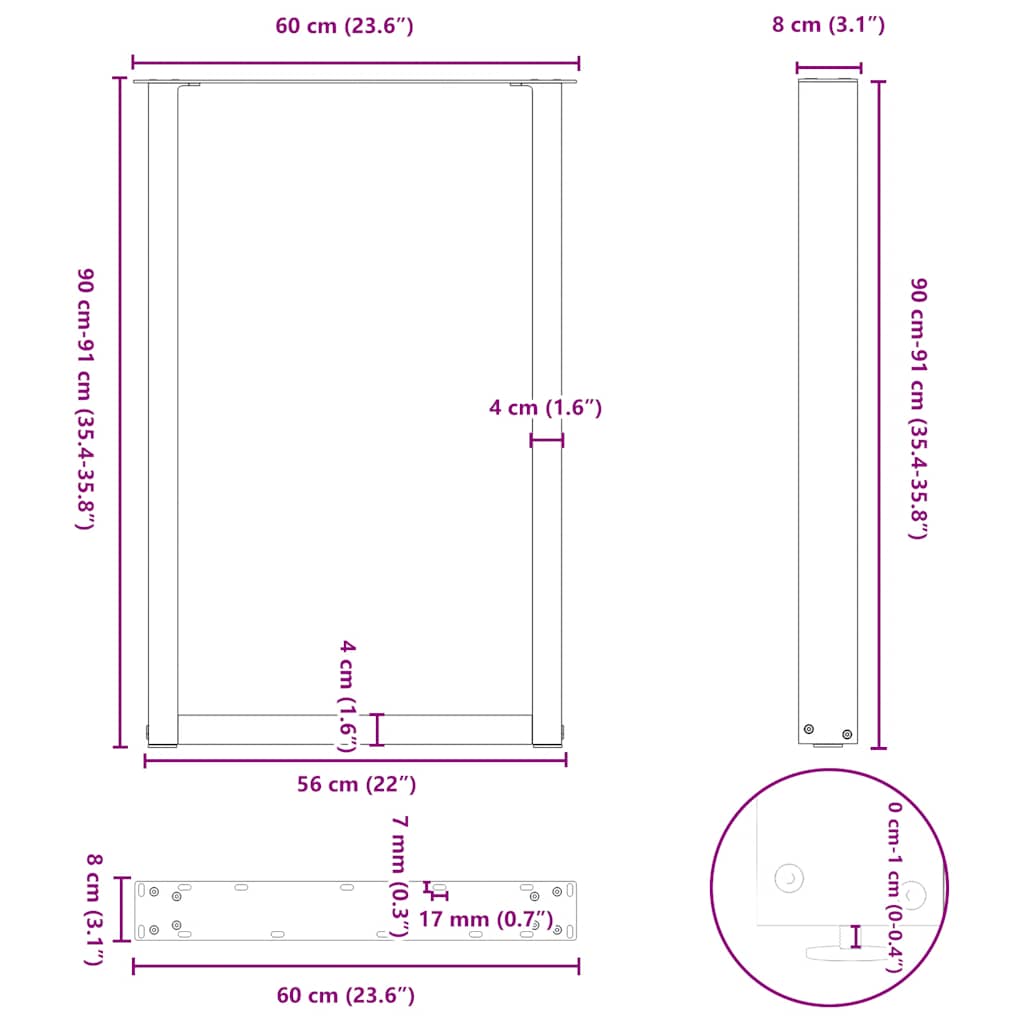 vidaXL Bartischbeine U-Form 2 Stk. Weiß 60x(90-91) cm Stahl