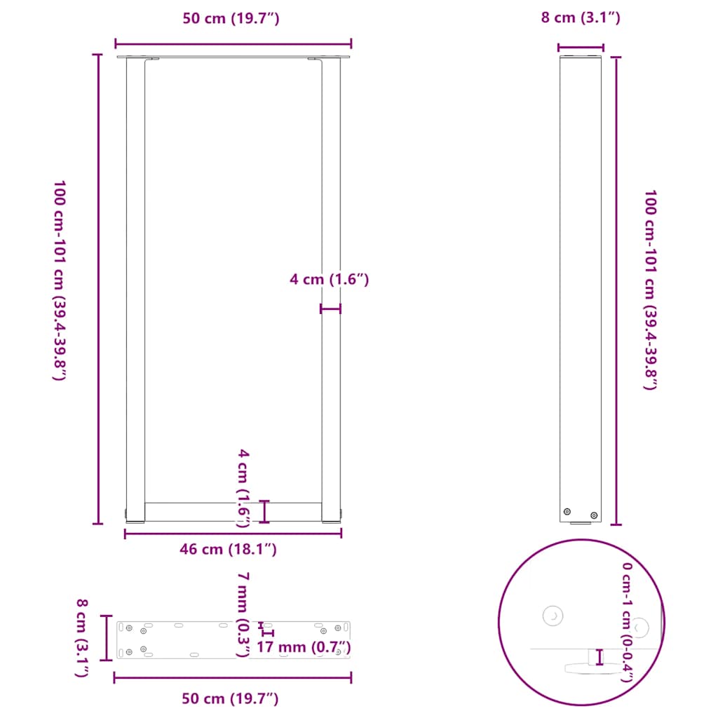 vidaXL Bartischbeine U-Form 2 Stk. Weiß 50x(100-101) cm Stahl
