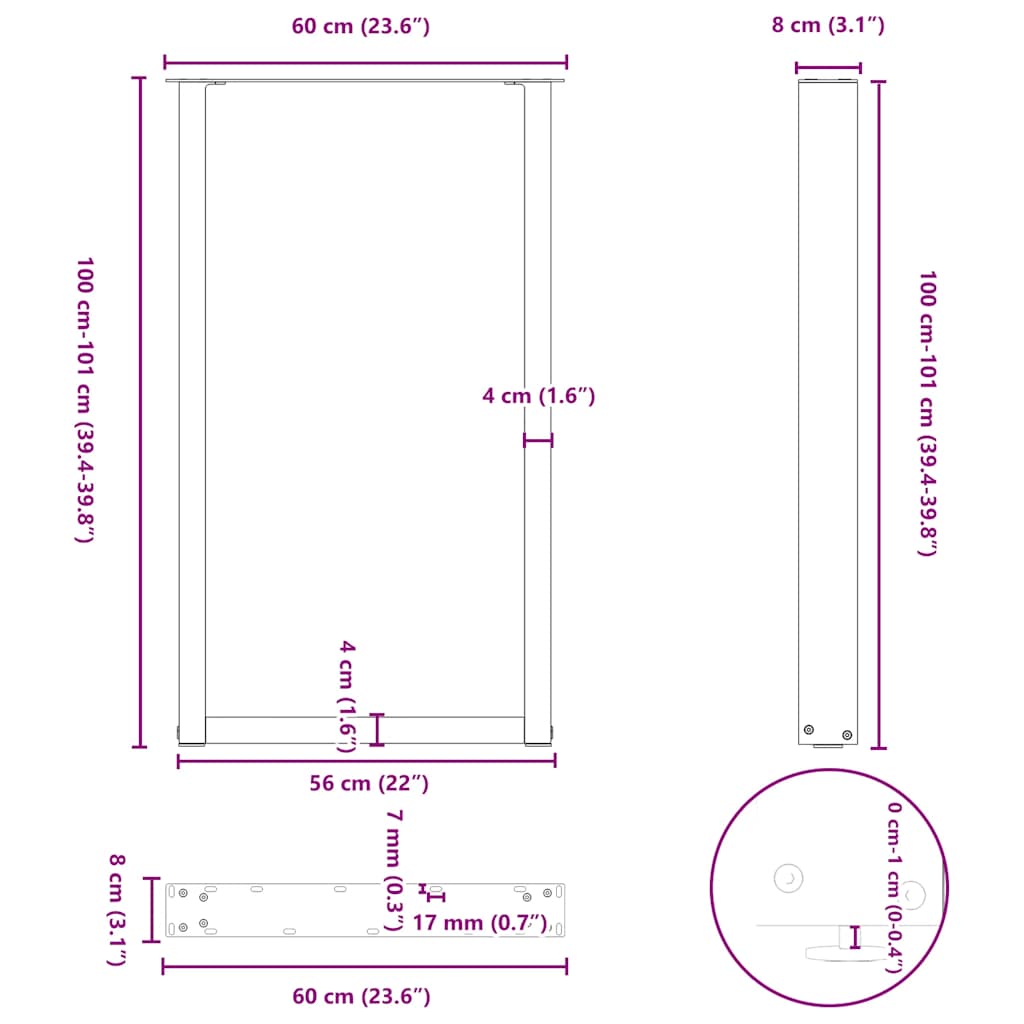 vidaXL Bartischbeine U-Form 2 Stk. Anthrazit 60x(100-101) cm Stahl