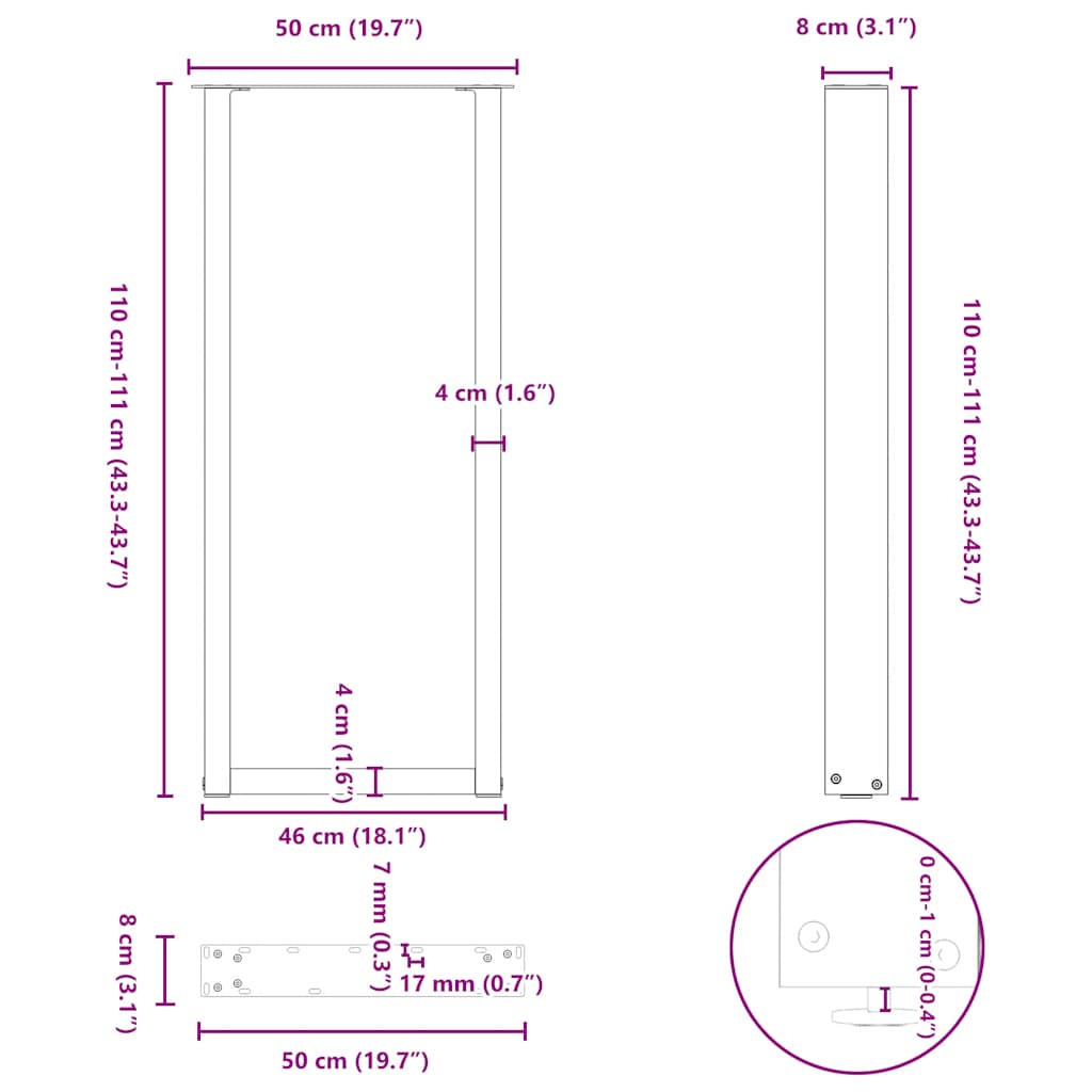 vidaXL Bartischbeine U-Form 2 Stk. Naturstahl 50x(110-111) cm Stahl