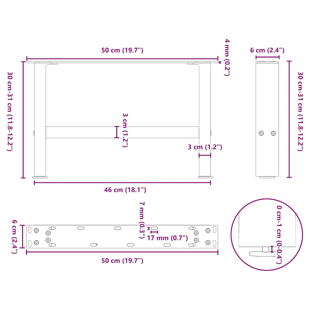 vidaXL Couchtischbeine Anthrazit 2 Stk. 50x(30-31) cm Stahl