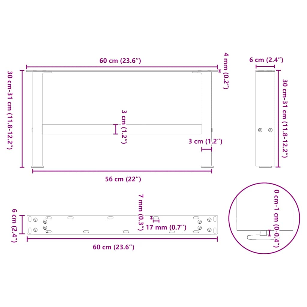 vidaXL Pieds de table basse Anthracite 2 pcs 60x(30-31) cm Acier