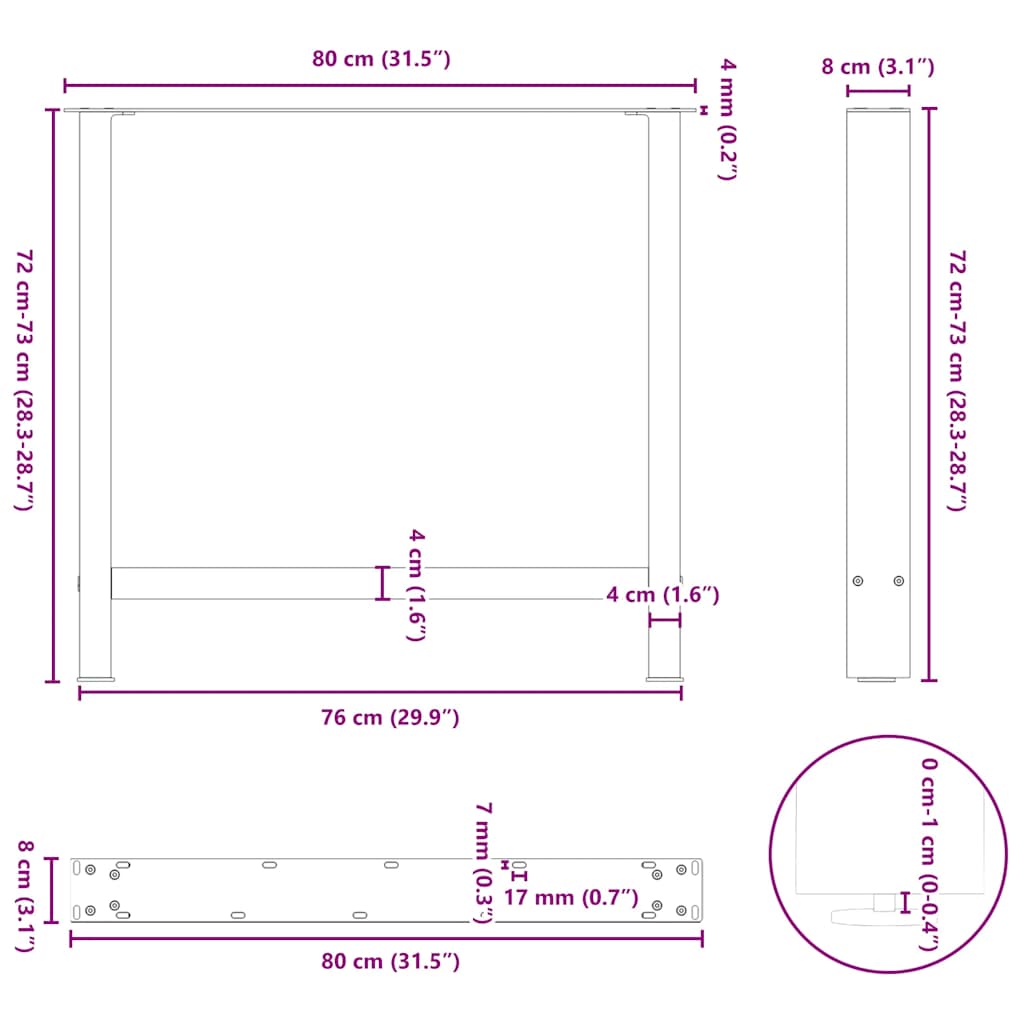 vidaXL Esstischbeine Schwarz 2 Stk. 80x(72-73) cm Stahl