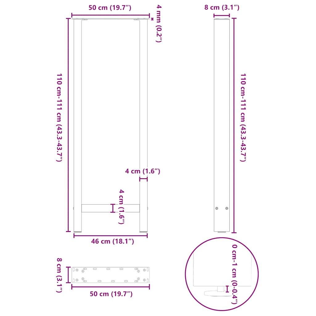 vidaXL Bartischbeine Anthrazit 2 Stk. 50x(110-111) cm Stahl
