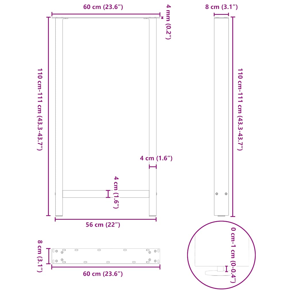 vidaXL Bartischbeine Anthrazit 2 Stk. 60x(110-111) cm Stahl