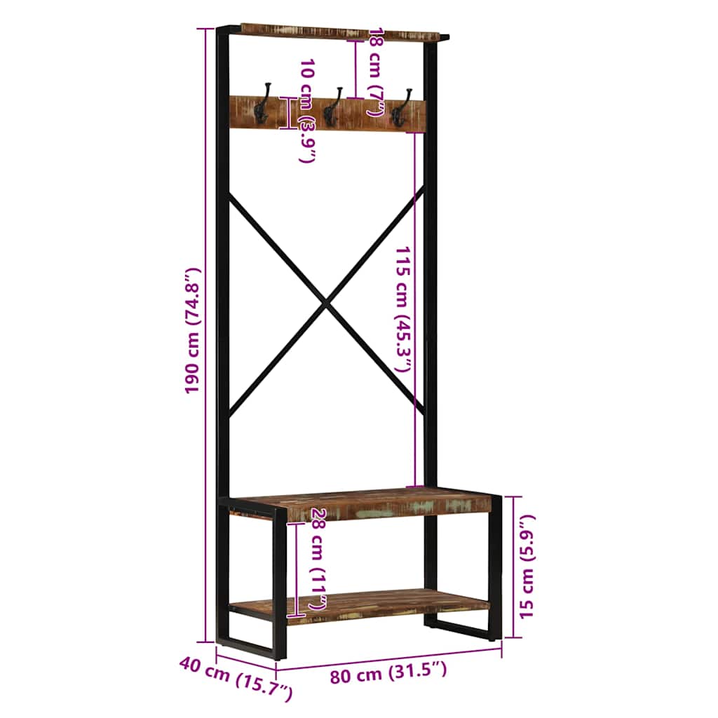 vidaXL Kleiderständer Mehrfarbig 80x40x190 cm Altholz Massivholz