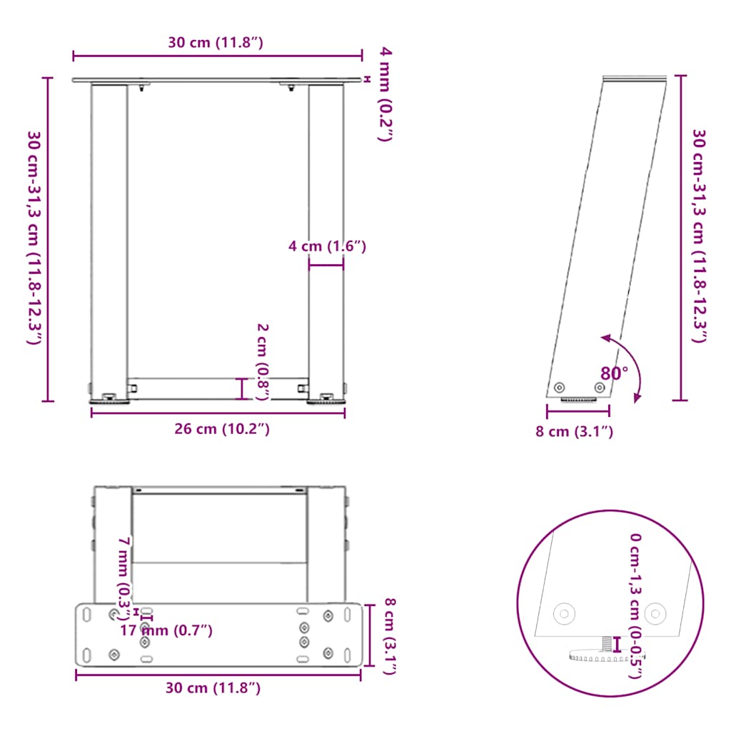 vidaXL Couchtischbeine U-Form 2 Stk. Naturstahl 30x(30-31) cm Stahl