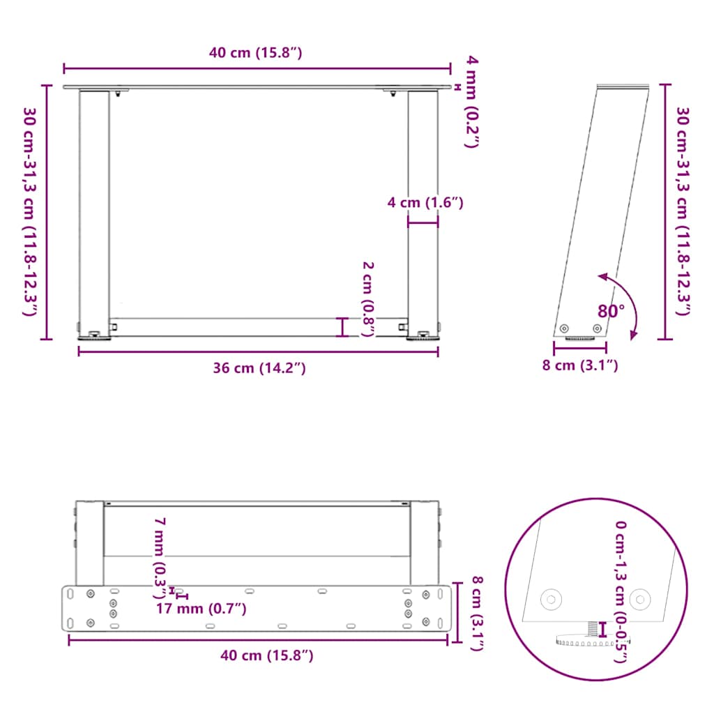 vidaXL Couchtischbeine U-Form 2 Stk. Naturstahl 40x(30-31) cm Stahl