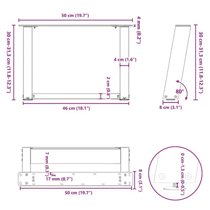 vidaXL Couchtischbeine U-Form 2 Stk. Weiß 50x(30-31) cm Stahl